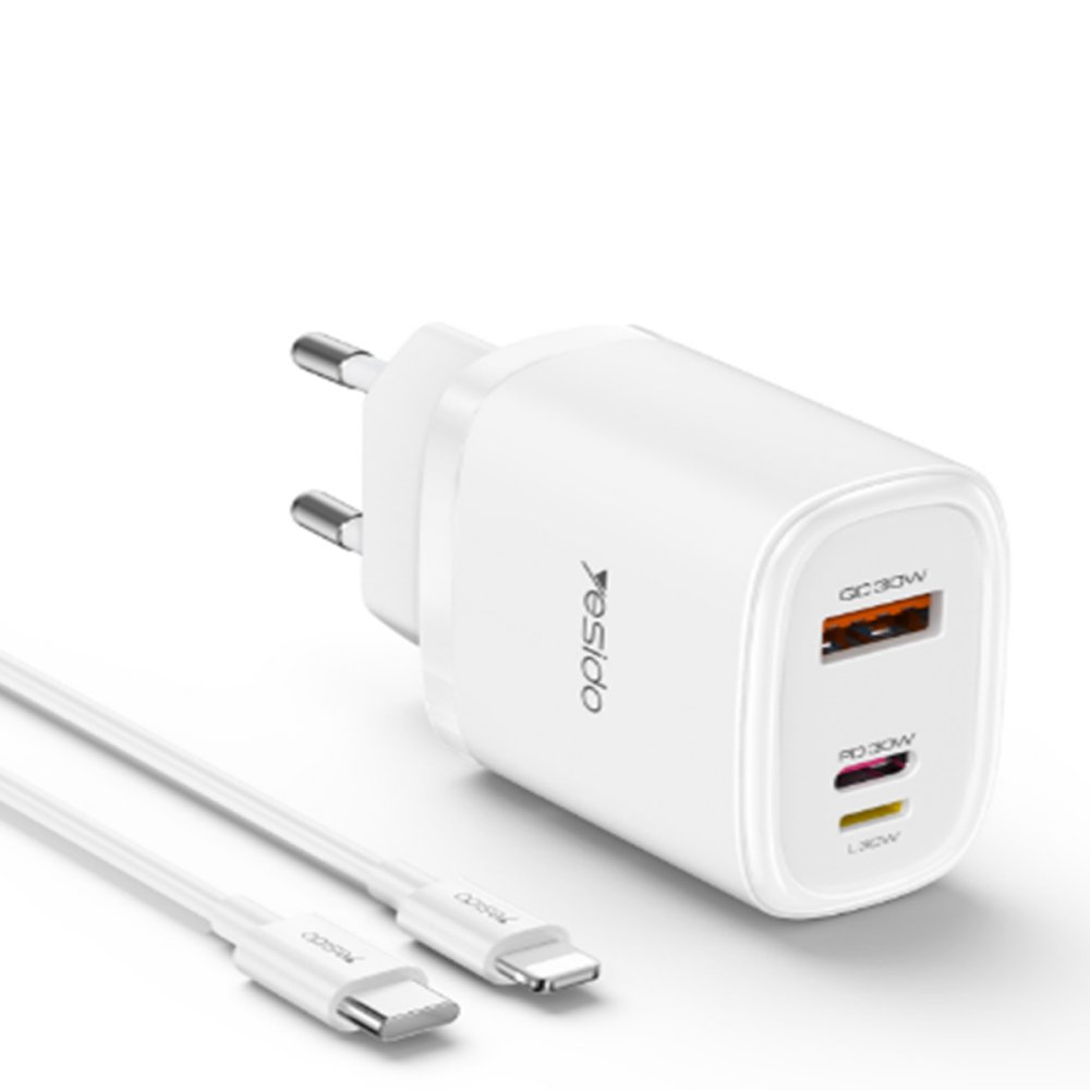 شارژر دیواری فست شارژ یسیدو YESIDO YC52 +کابل TypeC/Lightning