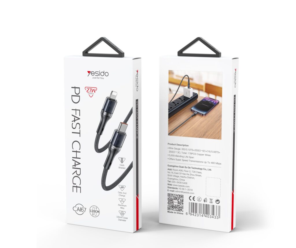 كابل شارژ تايپ سي به لايتنينگ 27واتی 1.2متری یسیدو YESIDO CA167